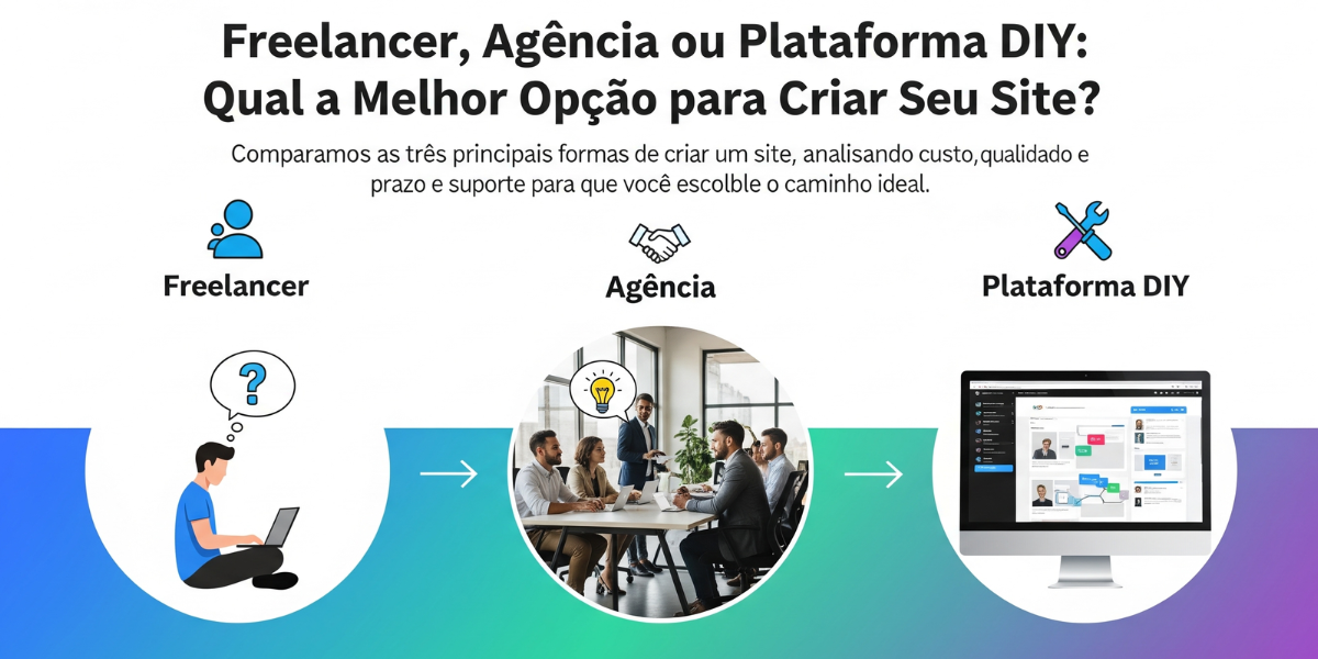 Três caminhos divergentes com placas indicando DIY, Freelancer e Agência