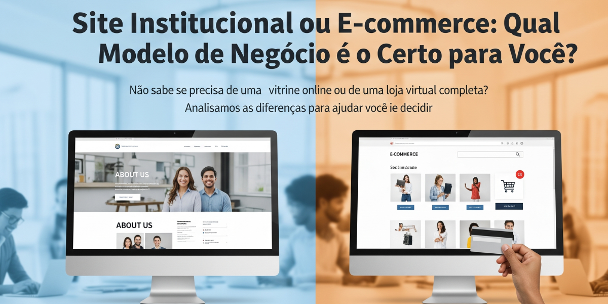 Uma vitrine de loja (institucional) ao lado de um carrinho de compras online (e-commerce)