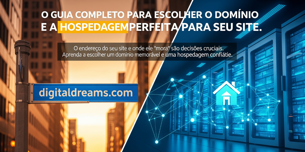 Uma placa de rua (domínio) e uma casa (hospedagem), simbolizando as duas escolhas cruciais para um site