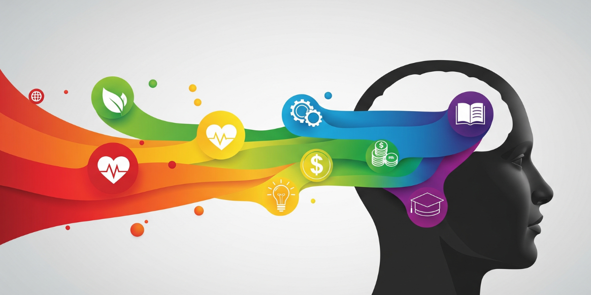 Um círculo de cores vibrantes com ícones de emoções, representando a psicologia das cores
