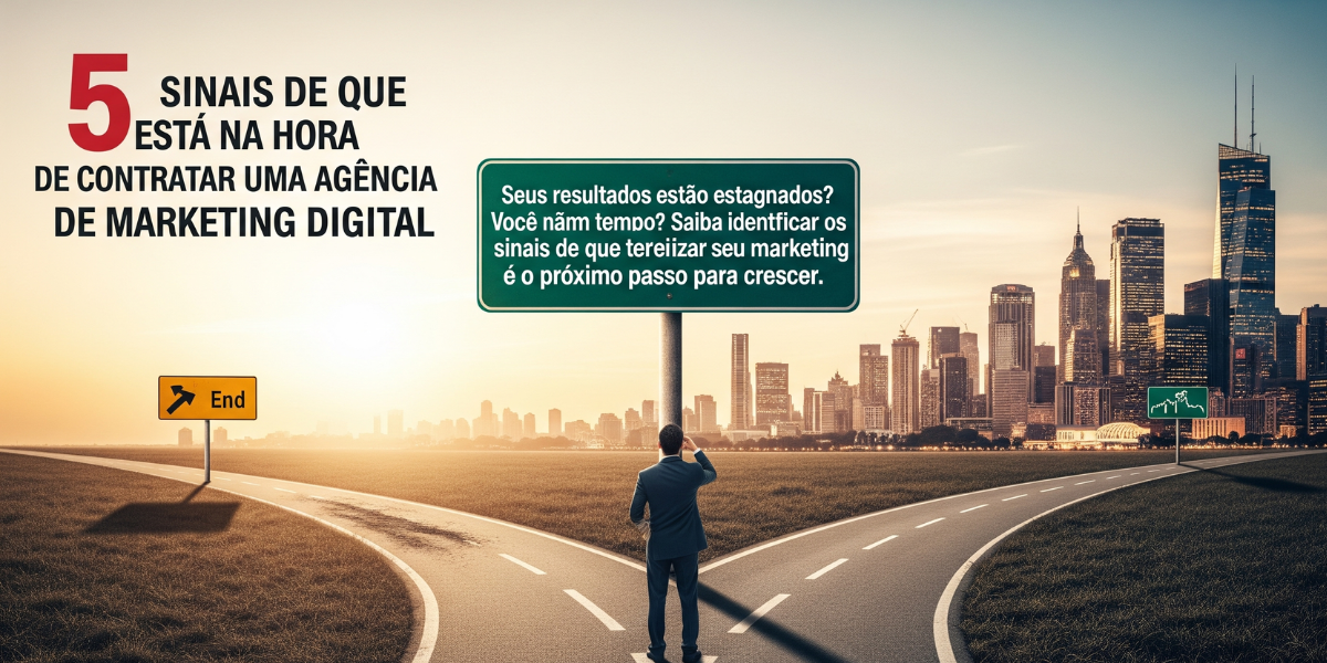 Uma pessoa de negócios em uma encruzilhada, decidindo se contrata uma agência para crescer