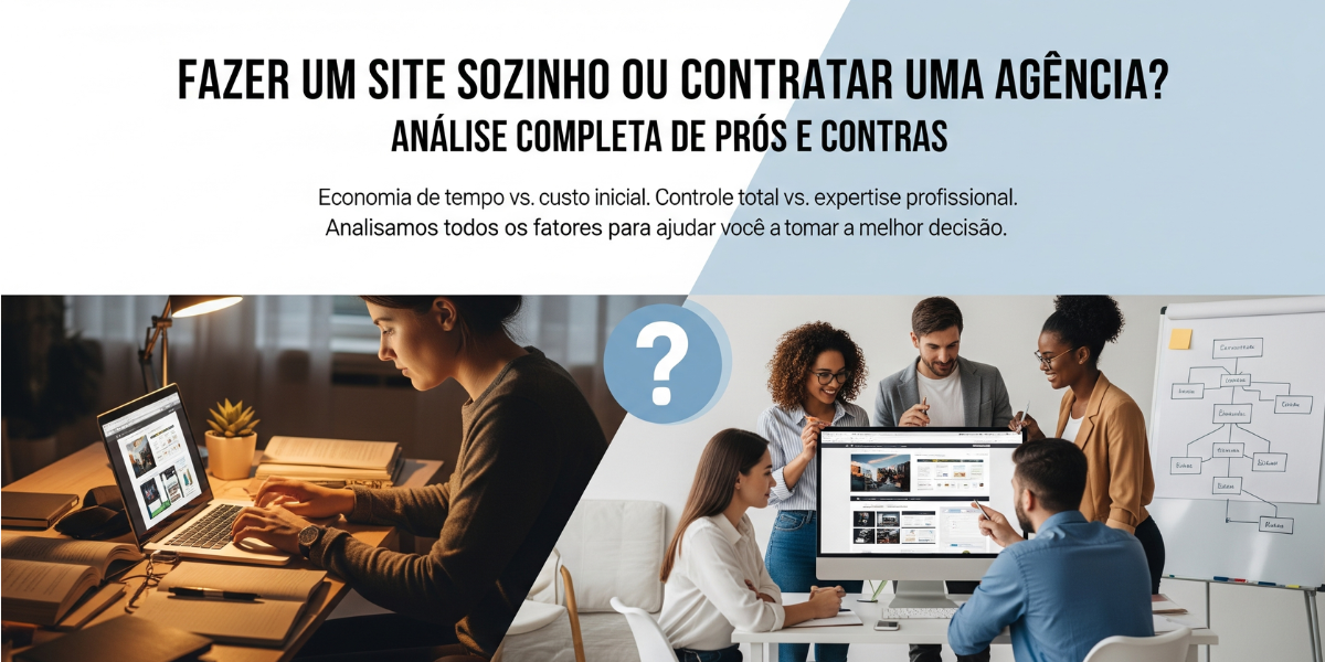 Uma encruzilhada com duas placas: 'Fazer Sozinho' e 'Contratar Agência'