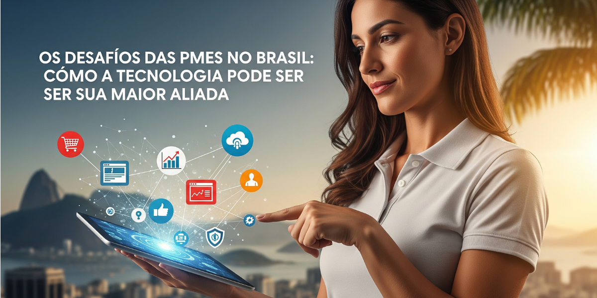 Um pequeno negócio florescendo com ícones de tecnologia ao redor, como sites e marketing digital